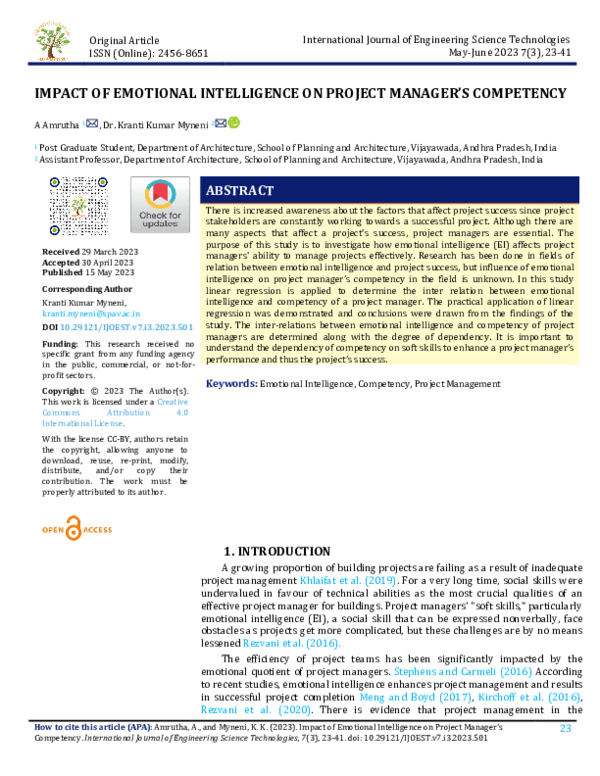 (PDF) IMPACT OF EMOTIONAL INTELLIGENCE ON PROJECT MANAGER'S COMPETENCY