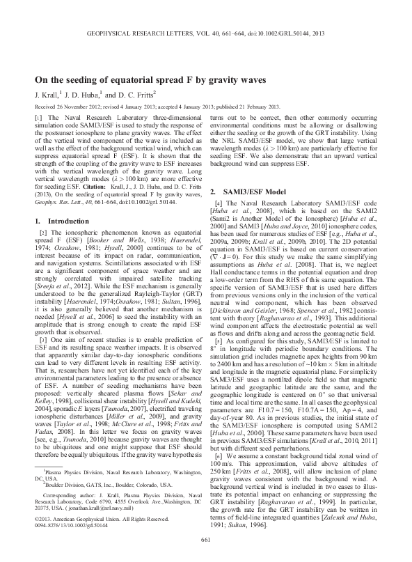 Pdf On The Seeding Of Equatorial Spread F By Gravity Waves