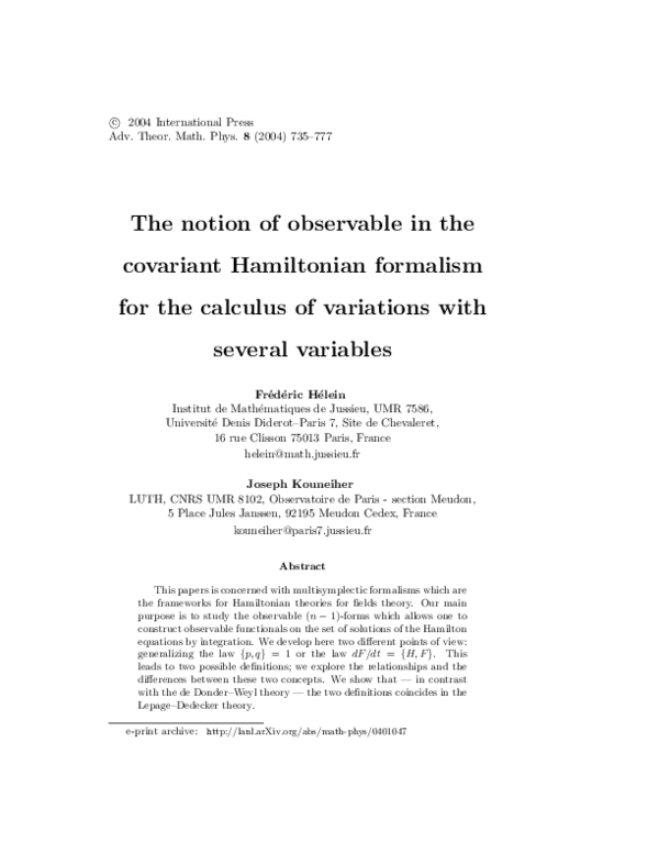 The Notion of Observable in the Covariant Hamiltonian Formalism for the ...