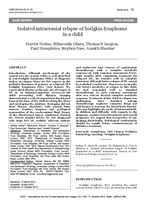 (PDF) Isolated intracranial relapse of hodgkin lymphoma in a child