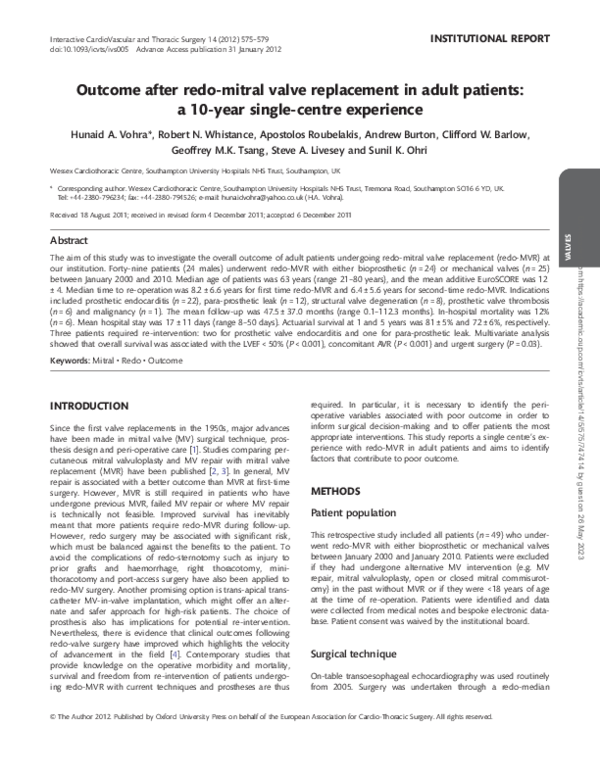 (PDF) Outcome after redo-mitral valve replacement in adult patients: a ...