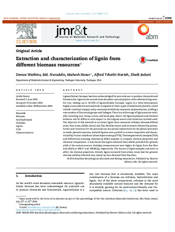 (PDF) Extraction and characterization of lignin from different biomass ...