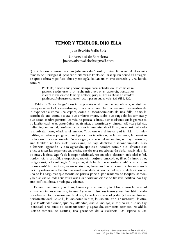 (PDF) Temor y temblor, dijo ella Juan Evaristo Valls Boix Academia.edu