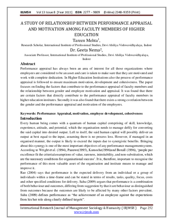 (PDF) A STUDY OF RELATIONSHIP BETWEEN PERFORMANCE APPRAISAL AND ...