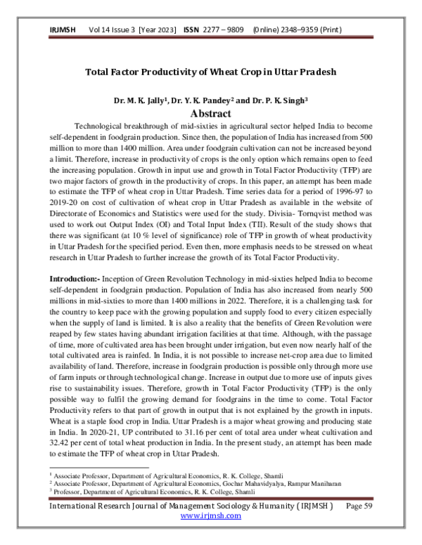 (PDF) Total Factor Productivity of Wheat Crop in Uttar Pradesh