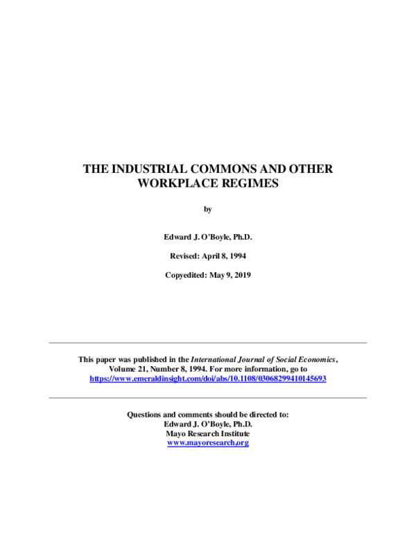 (PDF) The Industrial Commons and Other Workplace Regimes