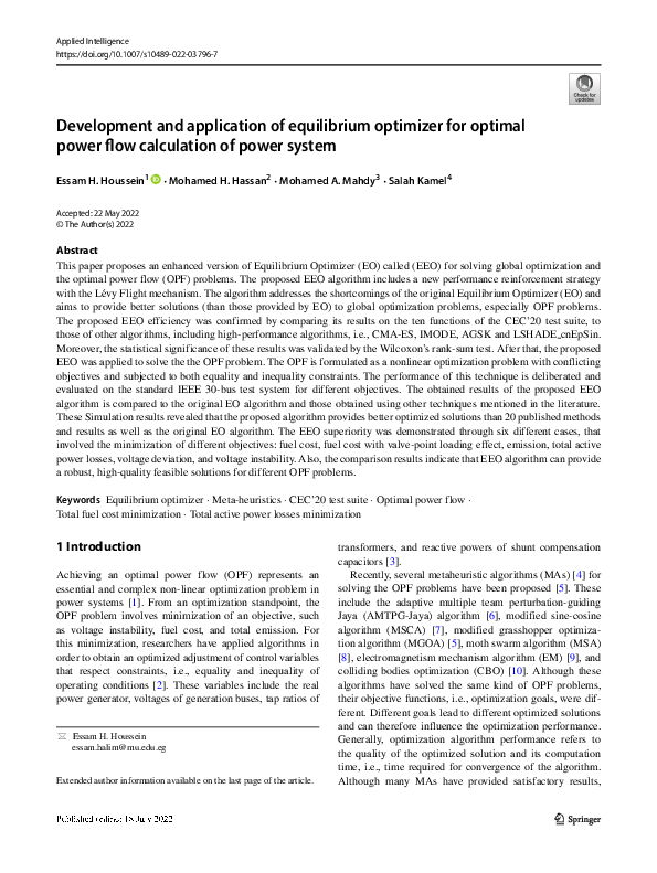 (PDF) Development and application of equilibrium optimizer for optimal ...