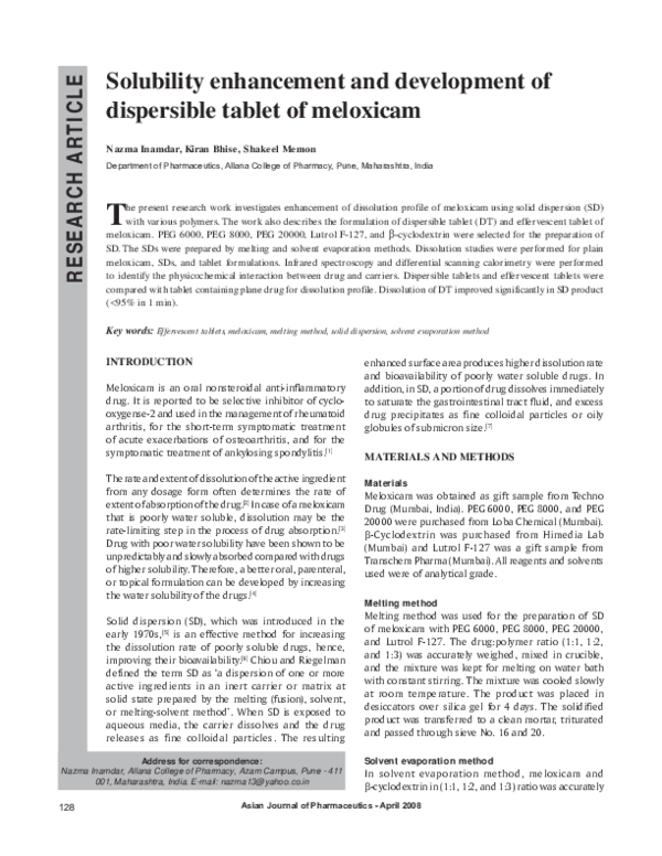 (PDF) Solubility enhancement and development of dispersible tablet of ...