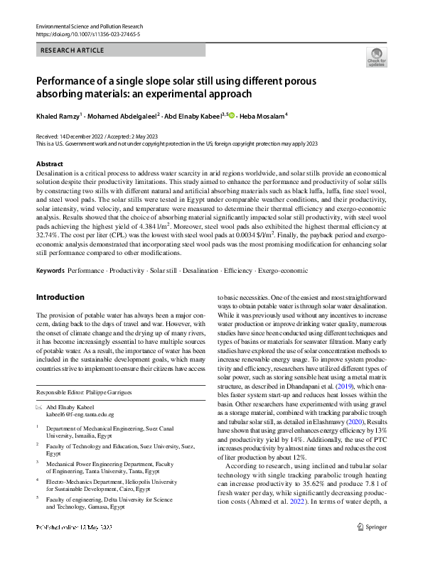 (PDF) Performance of a single slope solar still using different porous ...