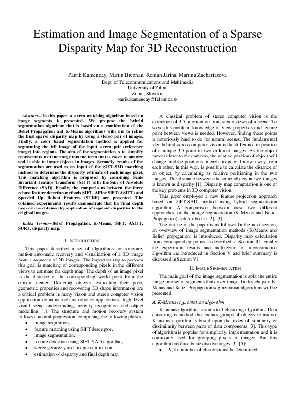 (PDF) Estimation and Image Segmentation of a Sparse Disparity Map for 3 ...