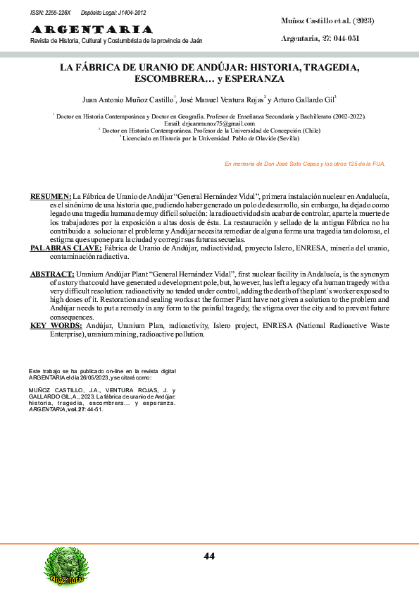 (PDF) LA FÁBRICA DE URANIO DE ANDÚJAR HISTORIA, TRAGEDIA,