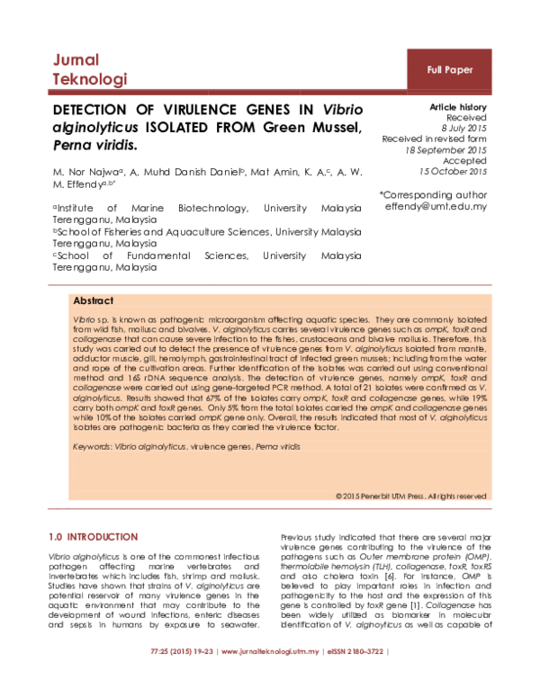 (PDF) DETECTION OF VIRULENCE GENES IN Vibrio alginolyticus ISOLATED ...