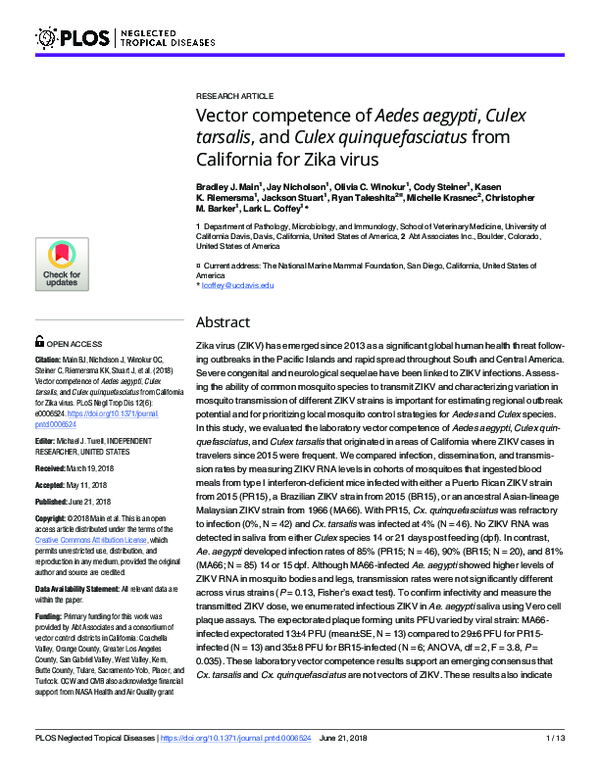 (PDF) Vector competence of Aedes aegypti, Culex tarsalis, and Culex ...