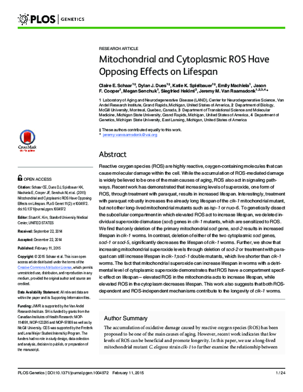 (PDF) Mitochondrial and Cytoplasmic ROS Have Opposing Effects on Lifespan