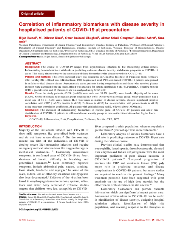 (PDF) Correlation of inflammatory biomarkers with disease severity in ...
