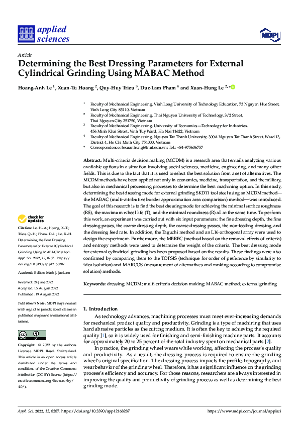 (PDF) Determining the Best Dressing Parameters for External Cylindrical ...