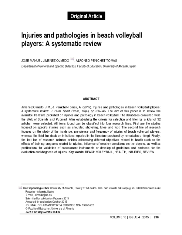 (PDF) Injuries and pathologies in beach volleyball players A