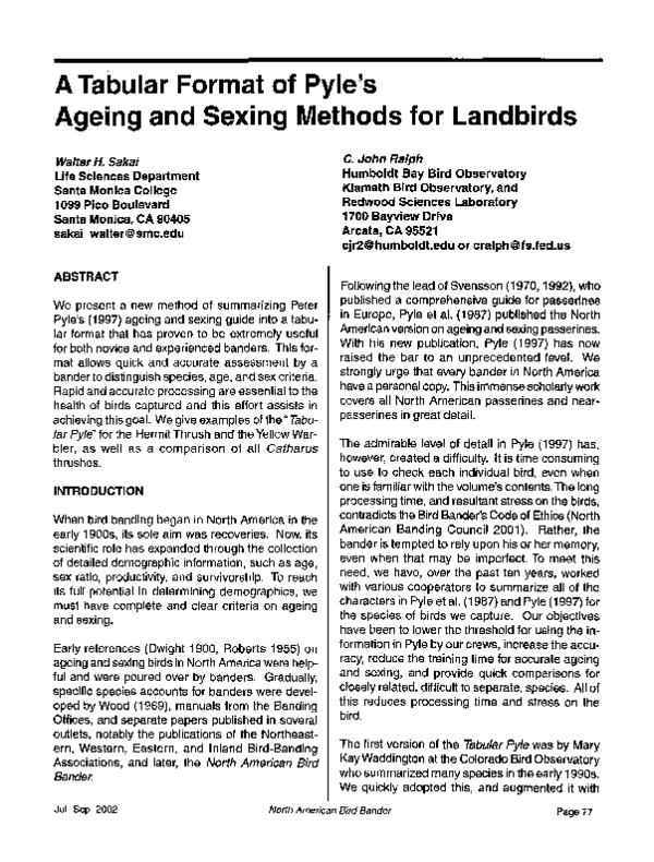 (PDF) A tabular format of Pyle's ageing and sexing methods for landbirds