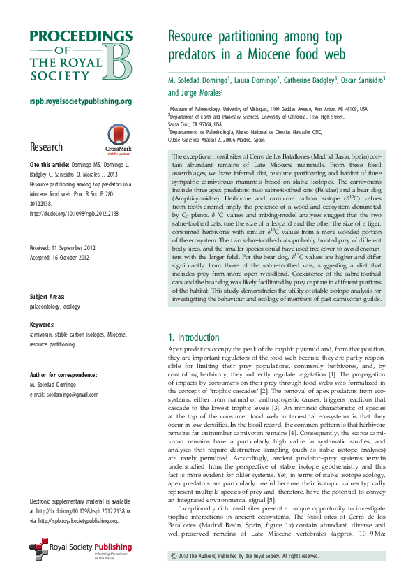 (PDF) Resource partitioning among top predators in a Miocene food web
