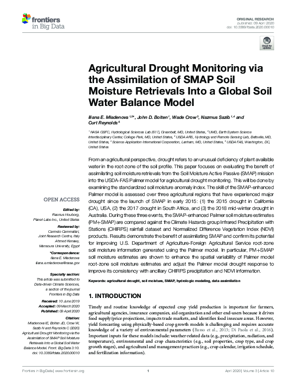 (PDF) Agricultural Drought Monitoring via the Assimilation of SMAP Soil ...