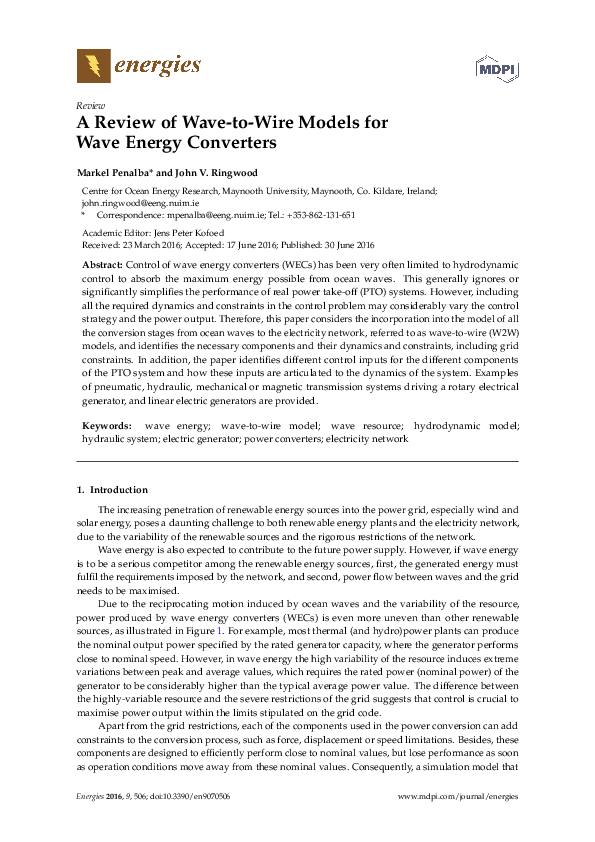 (PDF) Comprehensive Wave-to-Wire Models for WEC Control