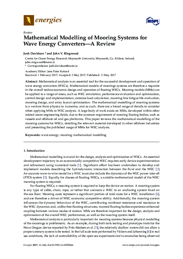 (PDF) Mathematical Modelling of Mooring Systems for Wave Energy ...