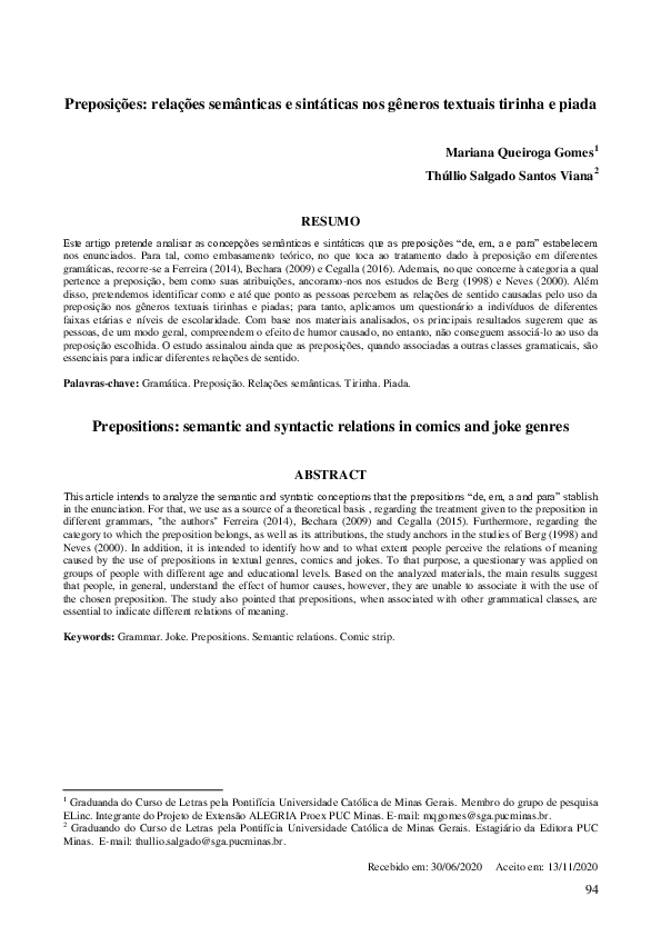Preposições: relações semânticas e sintáticas nos gêneros textuais tirinha e piada