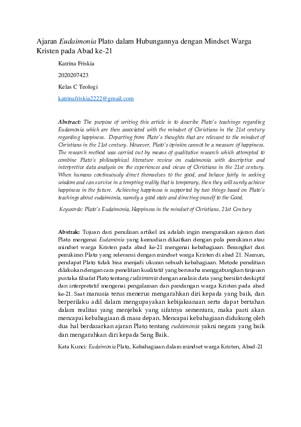 (PDF) Ajaran Eudaimonia Plato dalam Hubungannya dengan Mindset Warga Kristen pada Abad ke21