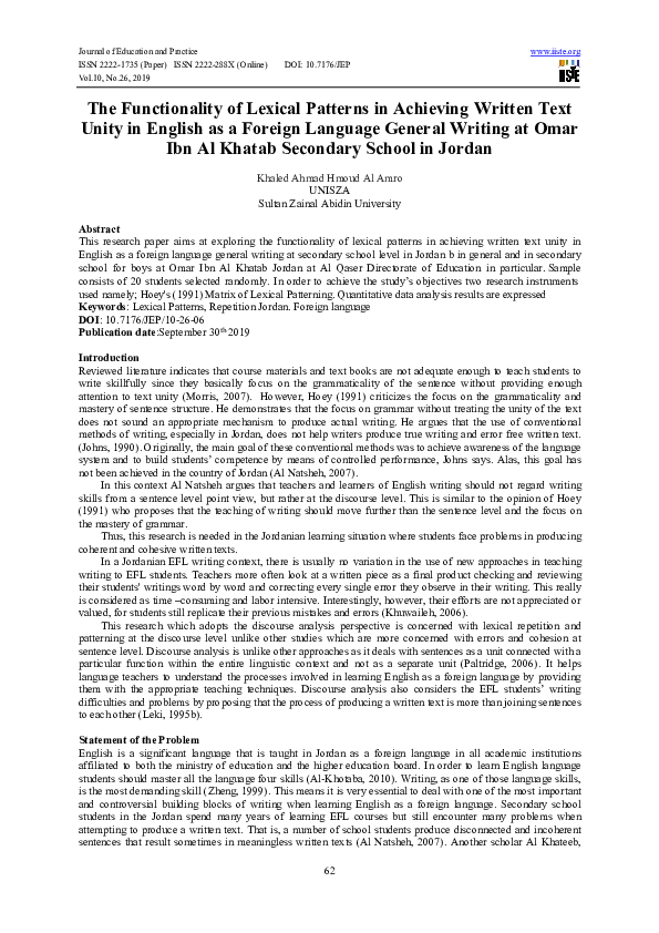 (PDF) The Functionality of Lexical Patterns in Achieving Written Text ...