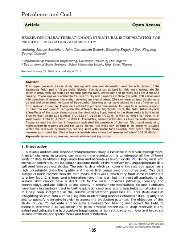 Pdf Reservoir Characterisation And Structural Interpretation For
