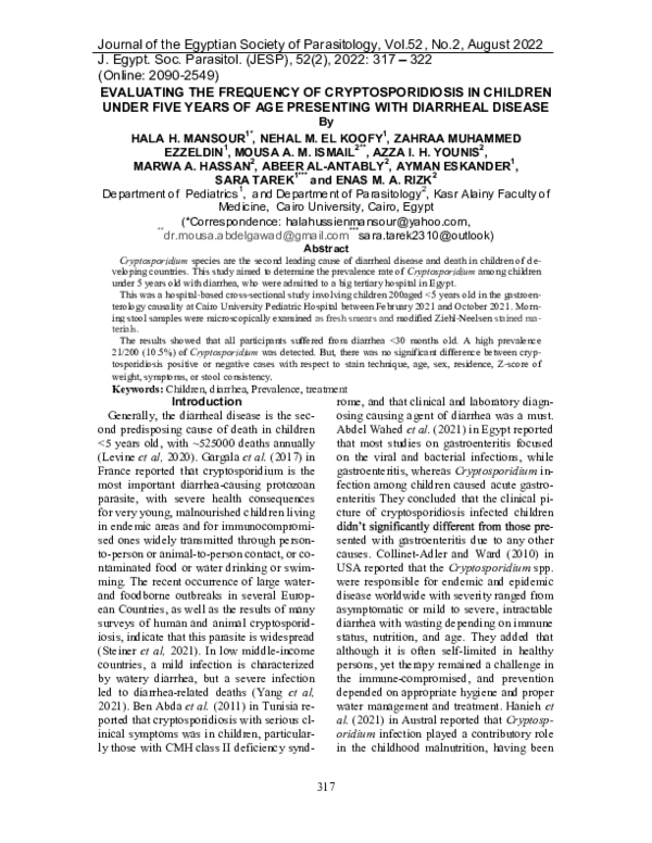 (PDF) Evaluating the Frequency of Cryptosporidiosis in Children Under ...