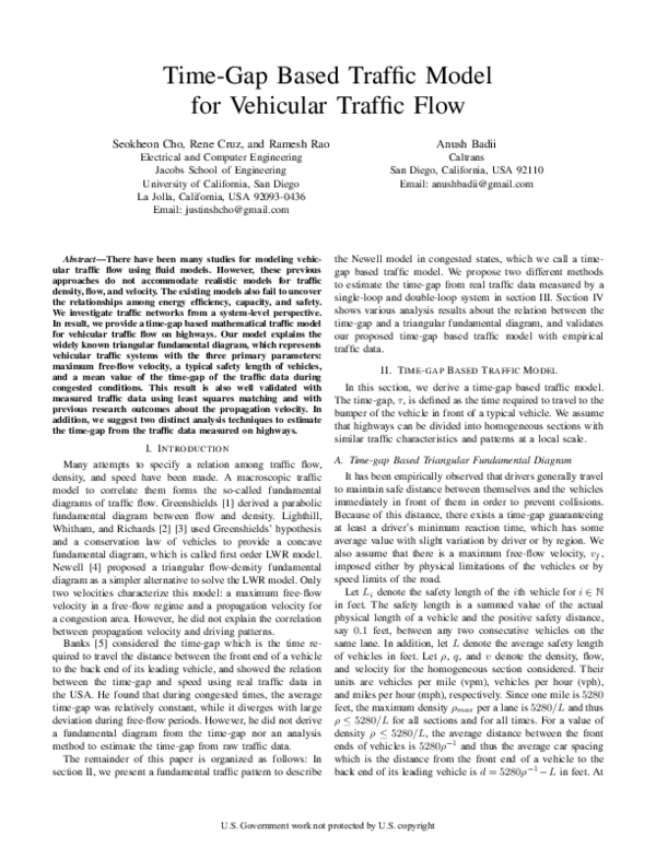 (PDF) Time-Gap Based Traffic Model for Vehicular Traffic Flow