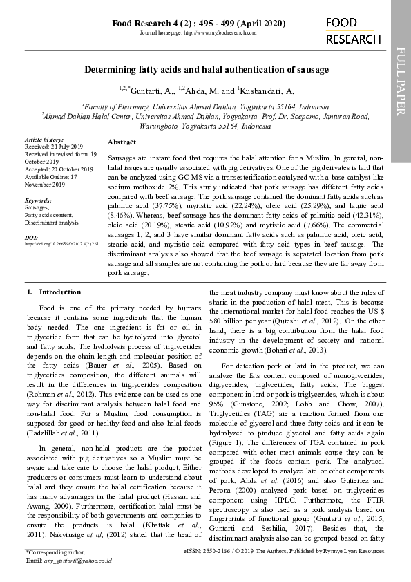 (PDF) Determining fatty acids and halal authentication of sausage