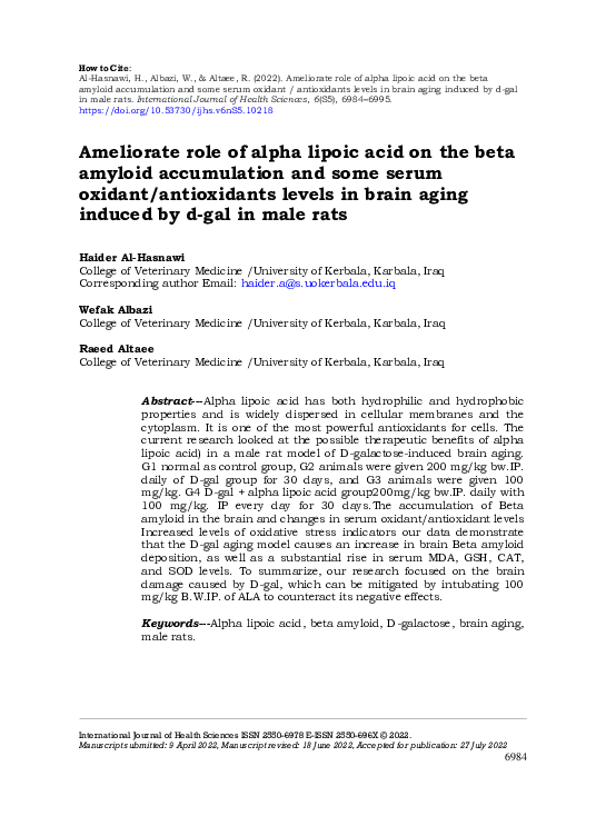 (PDF) Ameliorate role of alpha lipoic acid on the beta amyloid ...