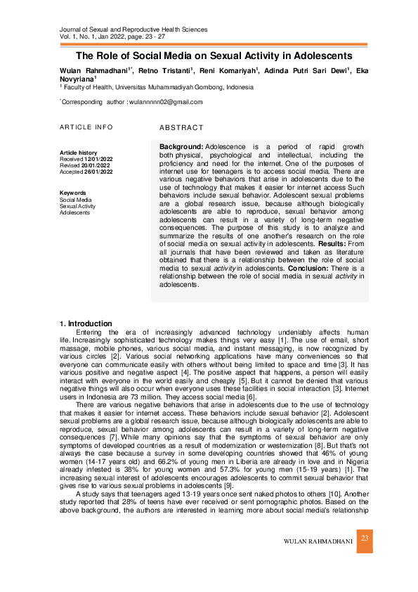 (PDF) The Role of Social Media on Sexual Activity in Adolescents