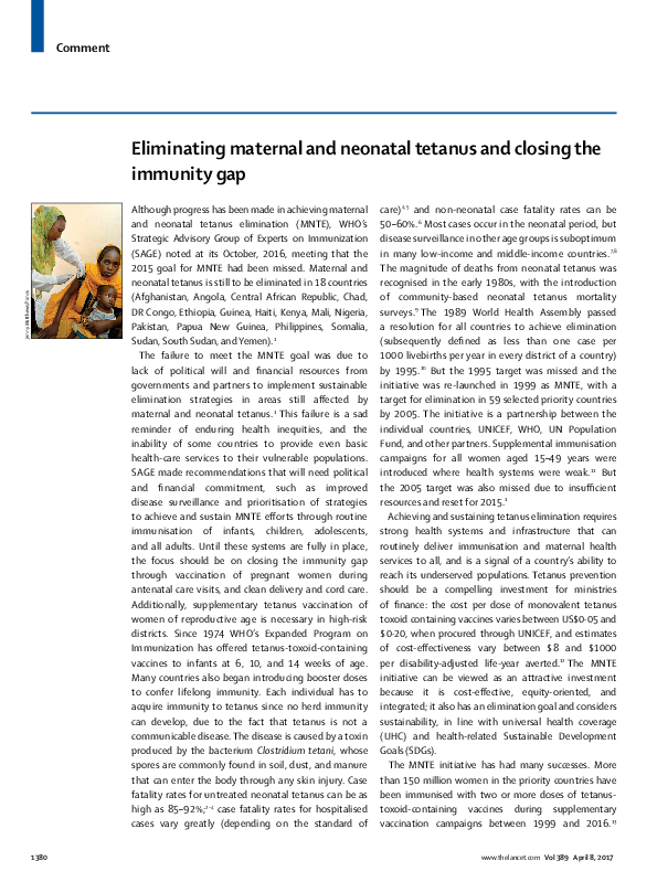 (PDF) Eliminating maternal and neonatal tetanus and closing the ...