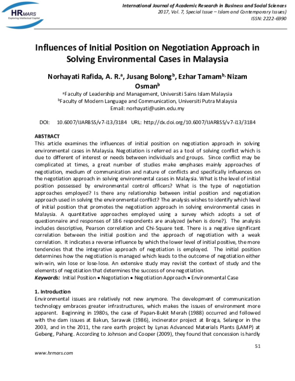 (PDF) Influences of Initial Position on Negotiation Approach in Solving ...