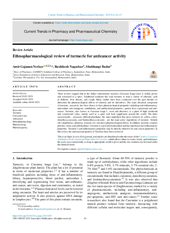 (PDF) Ethnopharmacological review of turmeric for anticancer activity