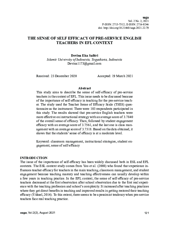 (PDF) The Sense of Self Efficacy of Pre-Service English Teachers in Efl ...