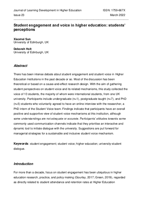 (PDF) Student engagement and voice in higher education: students ...