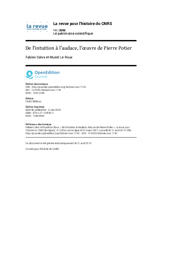 (PDF) De l’intuition à l’audace, l’œuvre de Pierre Potier