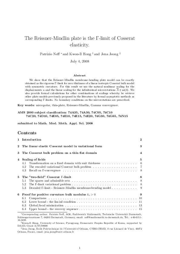 (PDF) The Reissner–Mindlin Plate is the Γ-Limit of Cosserat Elasticity