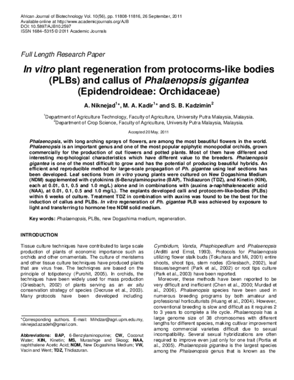 (PDF) In vitro plant regeneration from protocorms-like bodies (PLBs ...