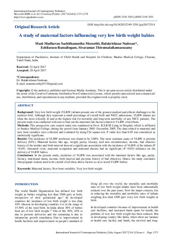 (PDF) A study of maternal factors influencing very low birth weight babies