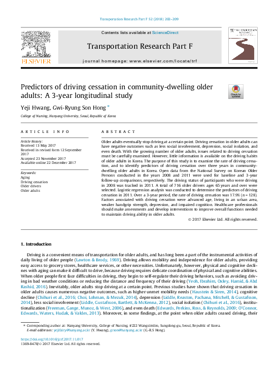 (PDF) Predictors of driving cessation in community-dwelling older ...