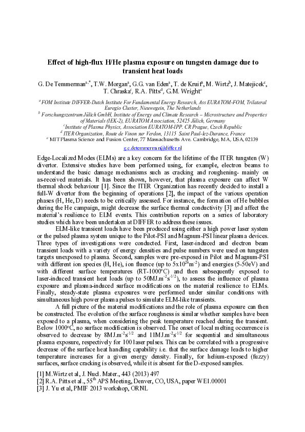 (PDF) Effect of high-flux H/He plasma exposure on tungsten damage due ...