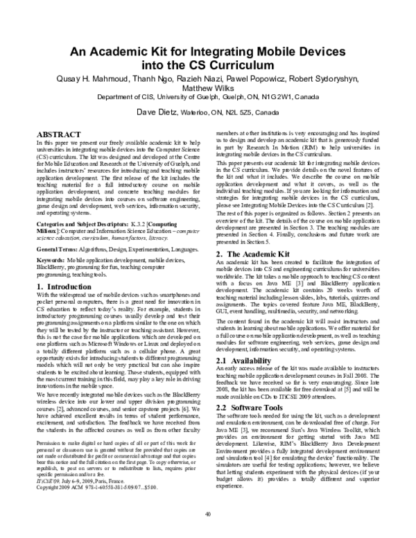 (PDF) An academic kit for integrating mobile devices into the CS curriculum