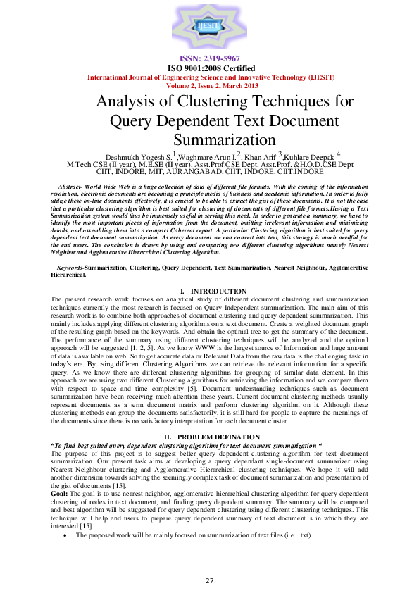 (PDF) Analysis of Clustering Techniques for Query Dependent Text ...