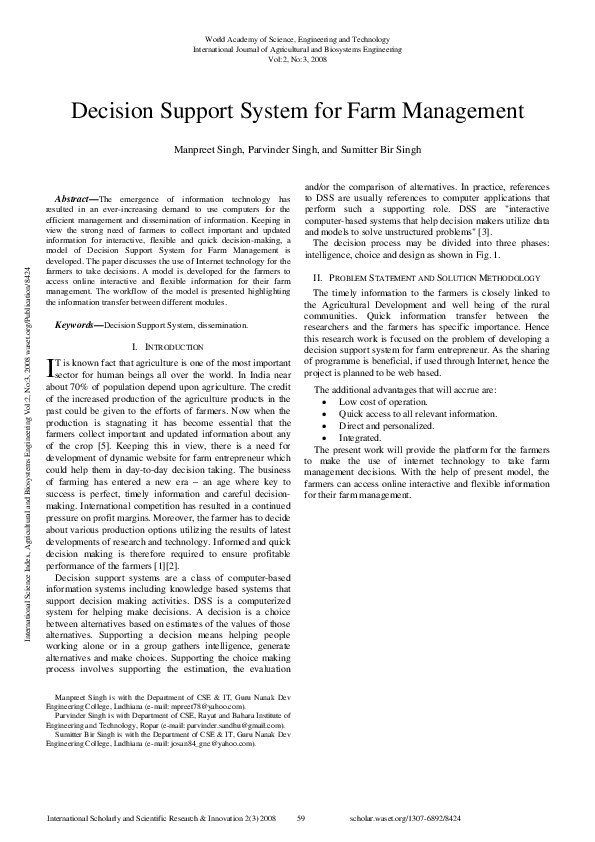 (PDF) Decision Support System For Farm Management