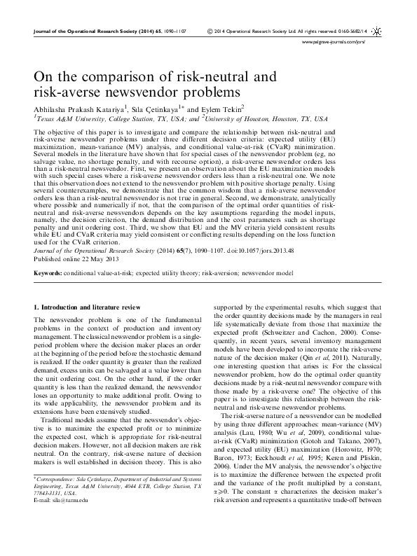 (PDF) On the comparison of risk-neutral and risk-averse newsvendor problems